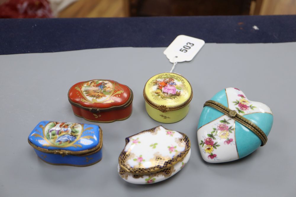 Five enamelled trinket boxes including Staffordshire and Limoges